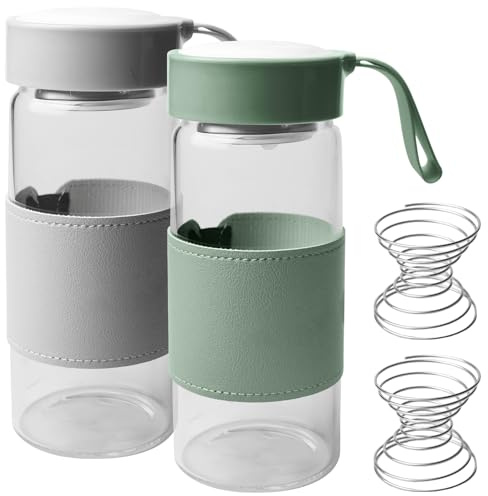 Leikurvo Kleine Glas-Shaker-Flasche, 2 Stück 480ml Borosilikatglas Shakers Flasche, Protein Shakers, BPA-frei, Shaker Flasches Rührball Set mit Silikonhülle für Fitness & Eiweißdrinks (Grün/Grau)