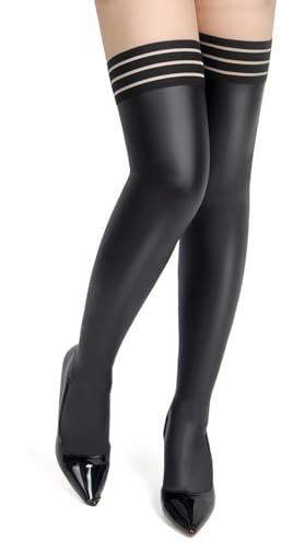 ohyeahlady Halterlose Strümpfe für Damen Curvy PU Leder Stocking Overknee Strümpfe Sexy Oberschenkel Strapsstrümpfe Große Größen Thigh Highs Elastizität mit Meshbund Schwarz 3XL-5XL