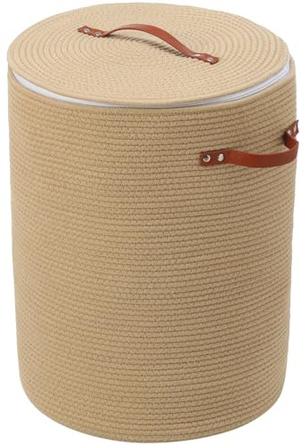 Extra Large Cotton Rope Storage Basket with Lid and Zipper, Versatile Laundry Hamper and Cloth Bin for Clothes, Towels, Blankets, Living Room Organization (All Beige, 16x20)