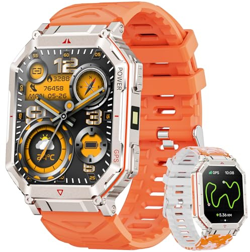 Mingdaln Reloj Inteligente Militar para Hombres con GPS/brújula, Asistente de Voz GPT, con Linterna LED, Pantalla HD de 2.01, Llamadas Bluetooth, Compatible con Android e iOS (Naranja)