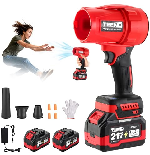 Souffleur sans Fil TEENO, 2x6,0Ah Batteries, 21 V, 35000 TR/Min, Trois Modes de Vitesse, Souffleur à Feuilles sans Fil, Équipé de Trois Buses, Idéal pour Terrasse, Allées et Jardin