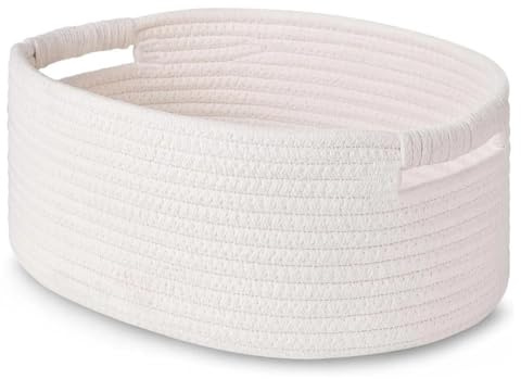 MAISON DE BUCKS Cotton Rope Woven Storage Basket with Handles – Multi-Purpose Organizer for Remote Controls, Cosmetics, Jewelry, Books & Snacks – Dust-Proof & Moisture-Proof, 33x22x15cm (White)