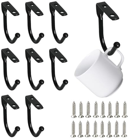 ARWIG 8 Stück Schwarze Tassenhaken mit Schrauben, Tassenhalter unter Regal, inklusive 16 M4 Schrauben, Tassenhalter zur Aufbewahrung von Kaffeetassen (Schwarzer Einzelhaken)