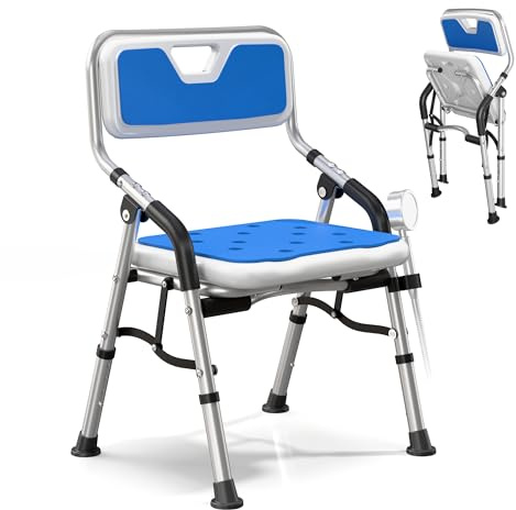Sedia da Doccia Pieghevole per Anziani e Disabili, Sedile da Bagno Regolabile in Altezza con Braccioli e Schienale, Struttura in Alluminio Leggero, Piedini Antiscivolo e Cuscino, Portata 150 kg