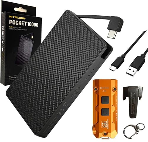 Nitecore TIP3 Orange - Pocket 10000 TIP3 Orange - Multi Color Temperature Rechargeable Keychain Flashlight -720 Lumen w/Pocket 10000 10,000mAh PowerCharger and Eco-Sensa USB-C Charging Cor
