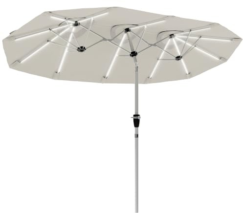 Outsunny 3 m Double-Sided Garden Parasol with LED Solar Lights, Tilt, Outdoor Extra Large Sun Umbrella with UPF30+ Protection, Crank Handle, 12 Ribs, Patio Market Sun Shade, Cream White