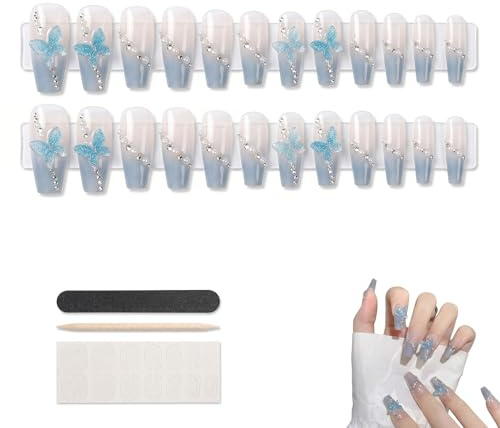 24 Stück Press on Nägel Blau mit Schmetterling Design, Press on Nails, Kunstnägel zum Aufkleben Mittellang, Falsche Nägel Set mit Werkzeugset, Wiederverwendbare Gel Nägel für Frauen DIY Maniküre