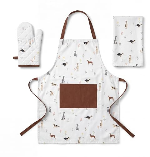 BOSKIMO Set Kök 3 Delar — Köksförkläde Kvinna Man + Grytlapp 200°C + Köksduk | Motståndskraftigt Tyg, Justerbar Storlek, Exklusiva Design | Dagligt Användning eller Originalpresent, one size