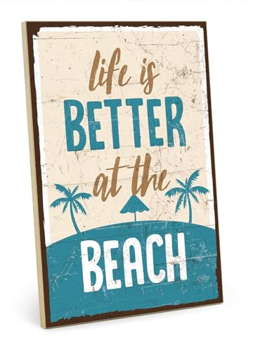 Typestoff Träskylt med slogan – LIFE IS BETTER AT THE BEACH – skylt, väggskylt, dörrskylt, trätavla som gåva och dekoration – HS-00136