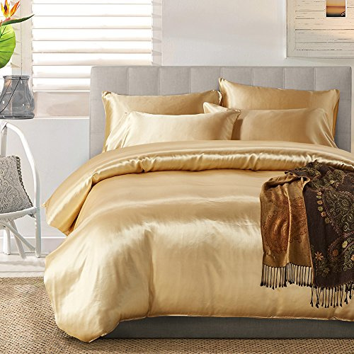 AiMay 3 Piece Duvet Cover Set Super Soft Satin Silk Honeymoon Sexy Luxury 100% Microfiber Thin Light Weight Bedding Collection (King, Gold)