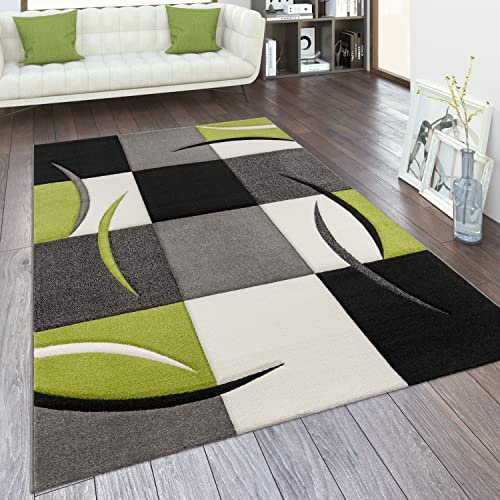 Paco Home Tapis De Salon en Diff. Coloris Et Tailles Motif Carreaux Rayures Design 3D Poils Ras, Dimension:80x150 cm, Couleur:Vert
