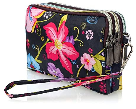 conisy Damen Clutch Geldbörse mit Ethno Blumen Muster, Multifunktional Crossbody Kleine Umhängetasche Damen Unterarmtasche (WH-N02)