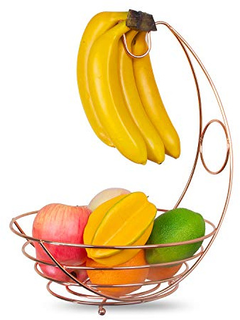 Kitchen Stars Obstkorbschale mit Bananenaufhänger – hochwertiger Edelstahl mit Kupfer-Finish