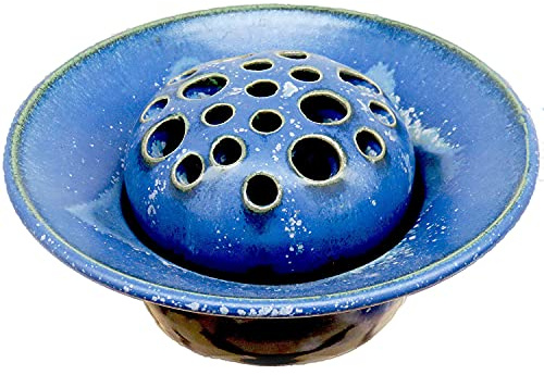 Blumensteckschale blau, 2-teilig, handgetöpfert, 13 cm Durchmesser, Steinzeug