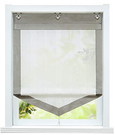 ESLIR Raffrollo ohne Bohren Gardinen Küche Landhaus Raffgardinen mit Ösen Transparent Ösenrollo Vorhang Leinen Braun BxH 80x140cm 1 Stück