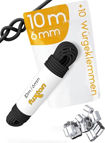 fuxton® Gummiseil (6 mm x 10m + 10 Würgeklemmen), Expanderseil, Gummileine, Bungee Cord Marine, Spanngummi Meterware, schwarz