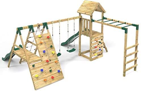 Rebo® Children's Wooden Climbing Frame with Swings, 2 Slides, Up and over Climbing wall and Monkey Bars - Pennine | OutdoorToys | Sturdy Wooden Construction