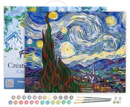 Figured'Art Pintar por Numeros Adultos con marco Van Gogh La noche estrellada - Manualidades pintura acrilica Kit Cuadro DIY completo - 40x50cm con bastidor montado