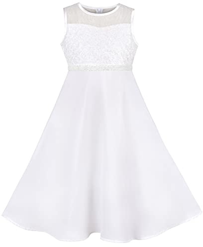 Sunny Fashion Girls Dress Formal White Chiffon Lace Sequin Baptism Wedding Bridesmaid Age 14 Years