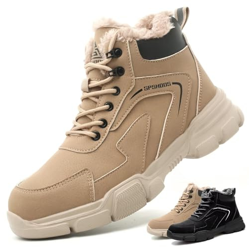 SPSHOOS Chaussures de Sécurité Hiver Hommes Femmes Chaussures de Travail Bottes de Sécurité Antidérapantes Imperméables Doublées Chaudes avec Embouts en Acier Brun Kaki 43