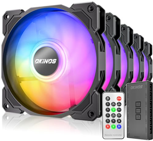 Okinos Paquete de 5 ventiladores RGB, PWM de 4 pines y RGB direccionable de 3 pines, ventiladores de la serie Air de 120 mm (incluye concentrador controlador ARGB y control remoto)