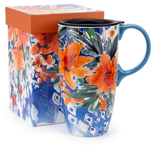 Topadorn 17oz Ceramic Travel Mug with Lid & Gift Box, Orange Flower | Microwave & Dishwasher Safe, Fits Car Cup Holders, Large 500ml Capacity, Natural Coffee Taste, Ideal for Home and Office Use