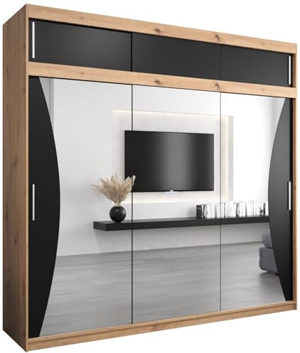 MEBLE KRYSPOL Kleiderschrank mit Spiegel Monaco - Garderobenschrank - Schrank Schlafzimmer - Mehrzweckschrank DREI Schiebetüren - Regalen - Flur Möbel - Kleiderstange Schrank - Allzweckschrank