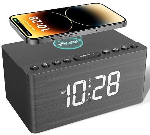 ANJANK Wooden Bluetooth Speaker Alarm Clock with Fm Radio, Wireless Charging Station for iPhone/Samsung, USB Charger Port, Dimmable Display, Sleep Timer, Digital Wood Bedroom, Bedside Grey+bluetooth