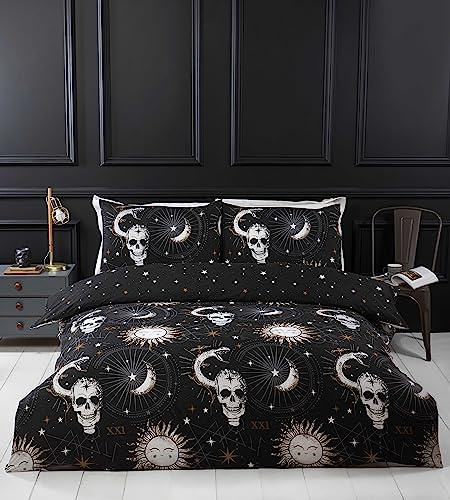 Rapport Home Dark Dreams Tarot Duvet Cover Set - Double Black, for Adults | Includes pillowcases. Gothic mystical skull print. Soft polyester, easy-care fabric for adults.