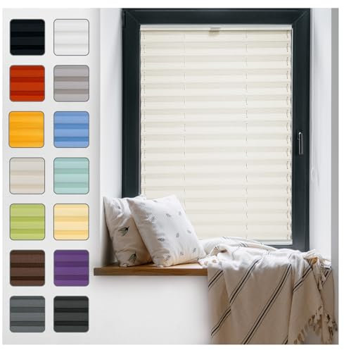 Fenster Plissee ohne Bohren zum Kleben Innenrahmen - Thermo Plisseerollo Innen - Rollo Jalousie, Halterungen auf Rahmen, Faltrollo, Sichtschutz, Blickdicht, für Fenster & Tür - Creme, 65 x 200 cm