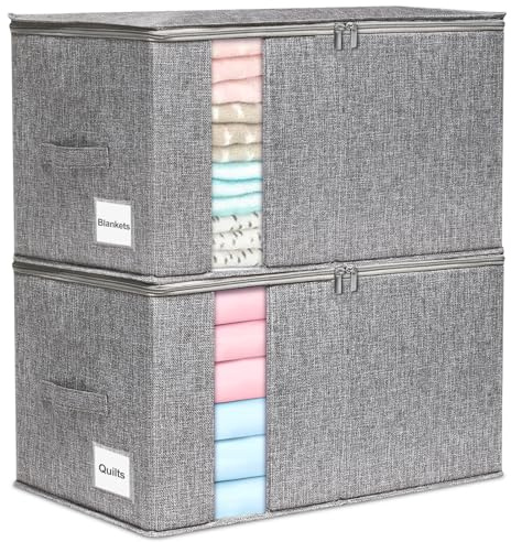 JUPELI 60L Rigid-Structured Clothes Storage Boxes, 2 Pack, 30 cm High | Foldable Design, Reinforced Handles, Zipped Lid, Dual Zips and Clear Window, for Clothes, Bedding, Wardrobes and Moving House