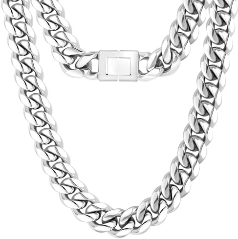 KRKC&CO Herren Panzerkette 14mm, Edelstahl Cuban Link Chain Silberkette, Miami kubanische Gliederkette für Männer, Silber Halskette Hip Hop Halskette für Jungen Größe 61cm