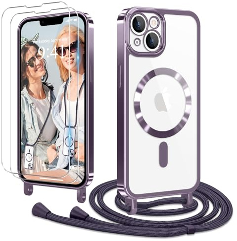 Ethanger für iPhone 14 Plus Hülle mit Band + 2 Schutzfolie, Lila | Handyband Transparent Silikon Handyhülle, Magnetische Schutzhülle Case zum Umhängen Kordel