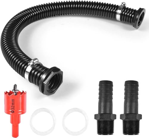 32MM Connettore Kit di collegamento per barile di pioggia, tubo di collegamento del ricevitore dell'acqua piovana, con tubo di collegamento da 50 cm e 2 tubi da 25 mm con controdado