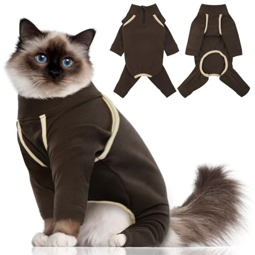 Katzinst Katzenpullover,Katzenbekleidung aus Klebrigem Fell mit Reißverschlüssen,Katzenpyjamas, 4-beinige Katzenbekleidung, Vorbeugung von Haarausfall,Katzenbody Langarm, (Coffee,XL)