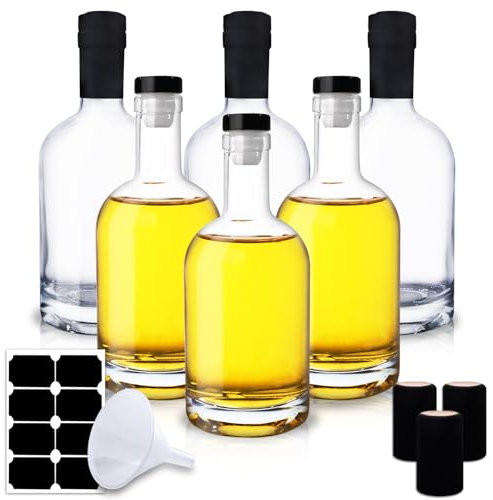 NAWORLI Lot de 6 bouteilles en verre transparent de 375 ml avec bouchon en forme de T et capsules rétractables en PVC, bouteilles vides à base lourde pour whisky, vin