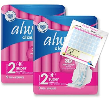 Always Classic Pads with Wings Size 2 Super - 18x Sanitary Towels (2 Packs of 9 Each) 3D Protection for Heavy Flow, Secure Fit, Leak Protection, Individually Wrapped, Including Period Tracker