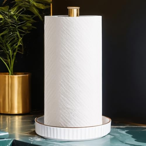 Küchenrollenhalter stehend - Keramikbasis, pflegeleicht - 18 cm Durchmesser x 32 cm Höhe, stabil und perfekt für Jede Kücheneinrichtung Feiertage und Anlässe- Goldglanz