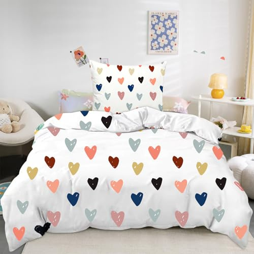 Tutamaz Biancheria da letto 135 x 200 cm, bianco con motivo a cuori colorati, in microfibra, per bambine, set di biancheria da letto con chiusura lampo e federa 80 x 80 cm, double-face, letto singolo