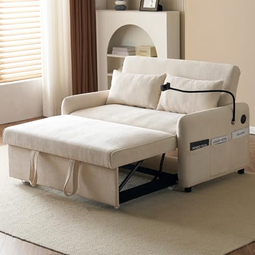 ANIROY Schlafsofa 2 Sitzer Sofa mit Schlaffunktion, Klappbares Schlafsofa Doppelsofa Couch Sofa, Chenille-Stoff Polstersofa mit Verstellbare Rückenlehne & Handyhalter & USB-Ladeanschlüsse, Beige
