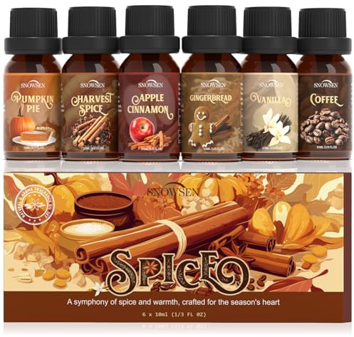 Spice Essential Oils for Diffuser, SNOWSEN Aromatherapy Oil Set - Apple Cinnamon, Pumpkin Pie, Gingerbread, Coffee, Vanilla, Harvest Spice, Autumn Fragrance Oils Gift Set
