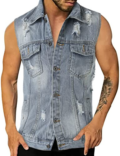 Gilet in Jeans da Uomo, Giubbotto Smanicato Uomo, Motociclista con Cerniera Maschile Jean Gilet di Jeans Fertilizzante Plus Size Giacchetta Gilet Multitasche per Il Tempo Libero