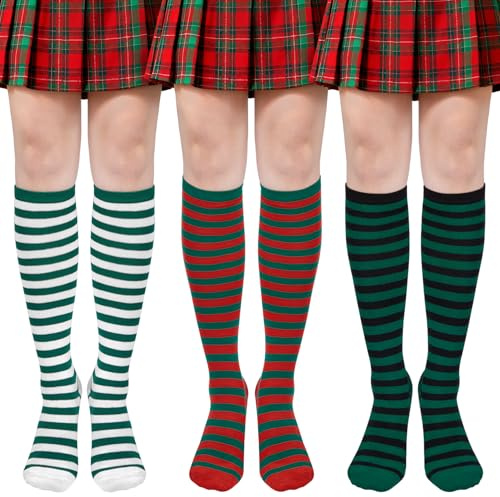 Beaulov 3 Paires Chaussette Haute Femme Noëlde Chaussettes de Noël Hautes pour Femmes Christmas Collant de Noël Festif Idée Cadeau pour Elle Confortable et Élasticité Parfaite