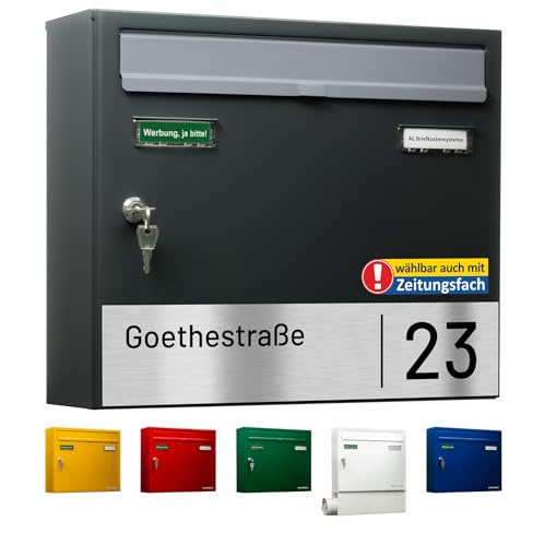 AL Briefkasten Systeme Basic-Line 1er Briefkasten personalisiert mit Namen Schild Straße und Hausnummer - Postkasten Anthrazit modern mit Gravur wetterfest Wandbriefkasten Zaunbriefkasten