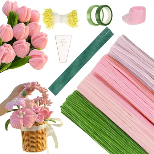 WLHFDC 400 Stück Pfeifenputzer zum Basteln,Pfeifenreiniger Blumen Set,4 Farben Pfeifenreiniger zum Basteln,mit Blumendraht,Schleifenband,Blumen Staubblatt für Blumenstrauß DIY Dekorationen Rosa