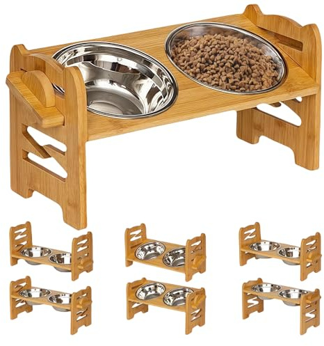 WIYETY Gamelle surélevée à 4 hauteurs : mangeoire en bois avec 2 gamelles en acier inoxydable, mangeoire pour chien, gamelle réglable pour chiens de grande taille et moyenne