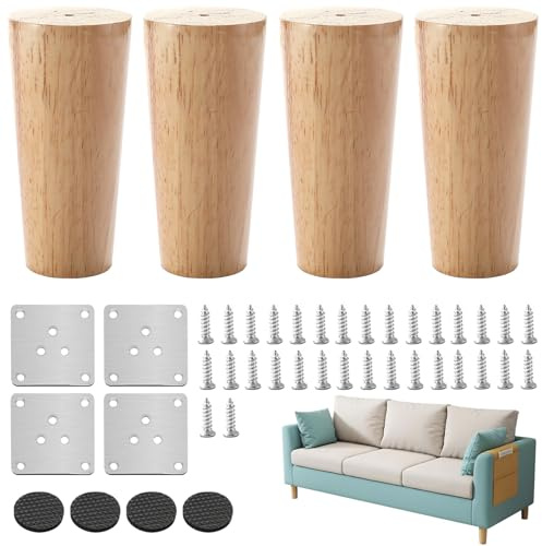 Wooden Furniture Legs, 4 PCS Solid Wood Furniture Legs, Sofa Legs Set with Non-Silp Pads Screw Mounting Plate, Straight Solid Tapered Wood Replacement Leg for Sofa TV Cabinet Bed Dining Table(10 cm)