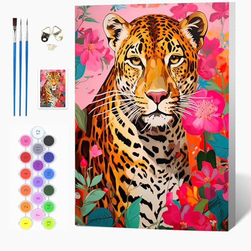 Auremi Bunter Leopard Malen nach Zahlen Set für Erwachsene Kinder mit Holzrahmen,Tiere Paint by Numbers Set Mit Ölgemälde für Anfänger, Leinwand, Pinsel und Farben Wanddekoration 20x30cm
