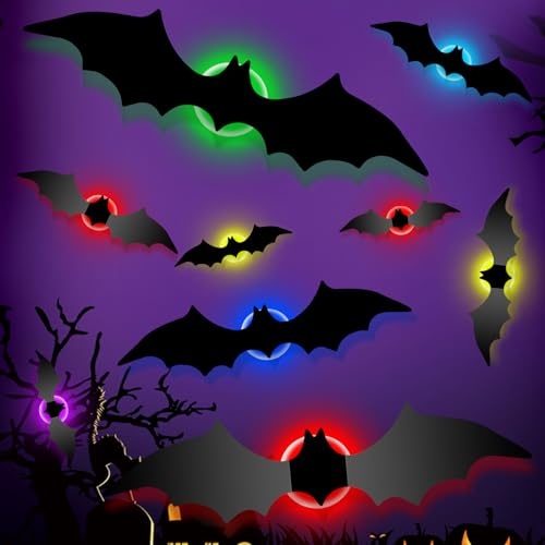 GoldRock Lot de 28 autocollants décoratifs 3D chauve-souris pour Halloween - 4 tailles - Grands autocollants chauves-souris gothiques - Lumières LED multicolores pour fenêtre, porte, mur