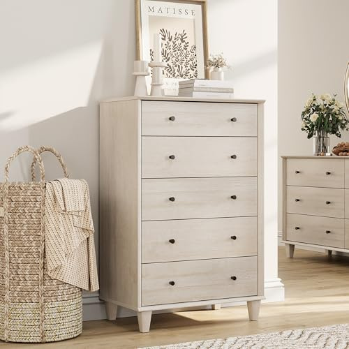 FENSULN 5 Drawer Dresser for Bedroom, Tall Modern Chest of Drawers, Beveled Profile Design, Wood Drawer Organizer for Bedroom, Living Room, Hallway and Entryway,Light Oak